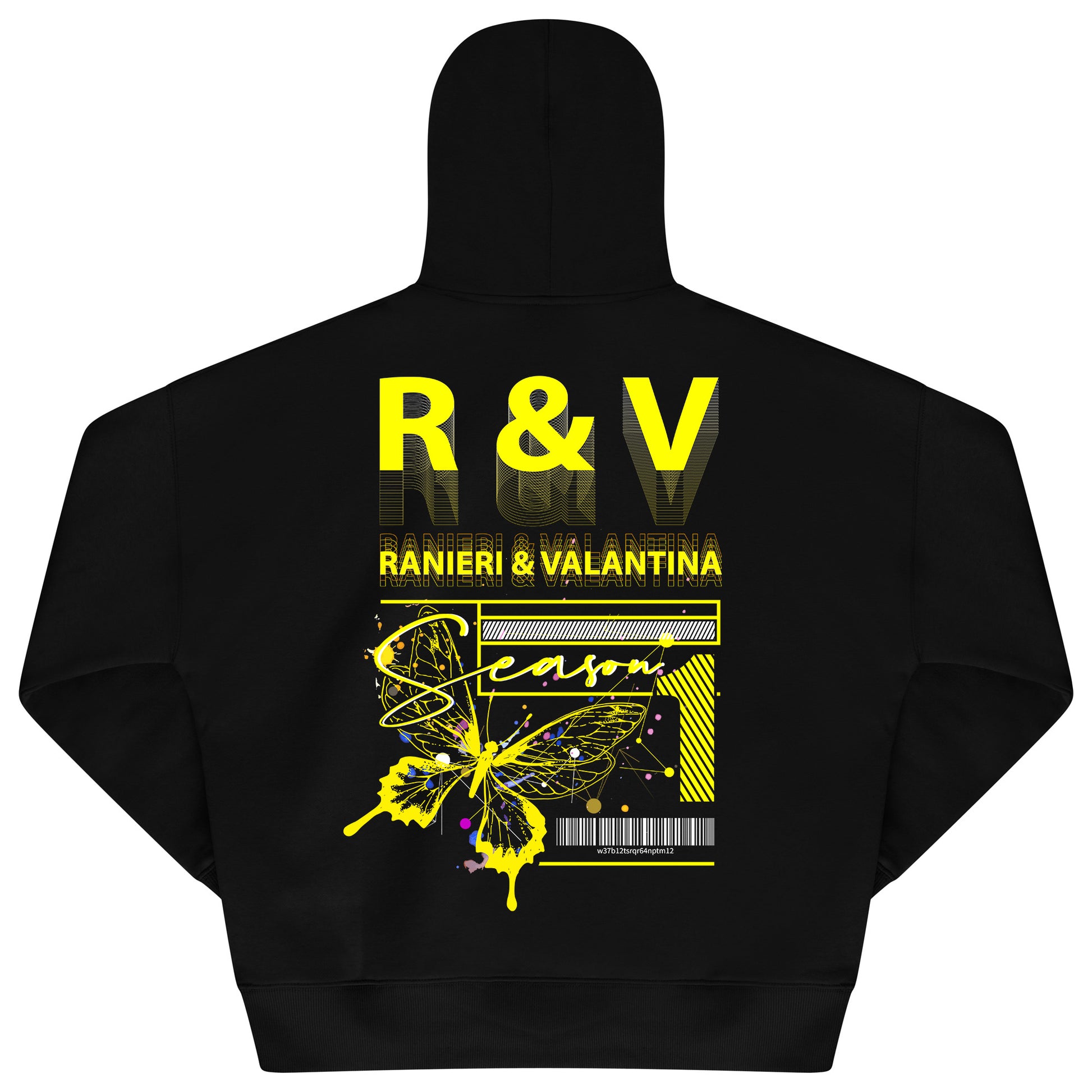 Back flat lay of men's black oversized hoodie featuring bold yellow butterfly and graphic R&V print – oversized fit.