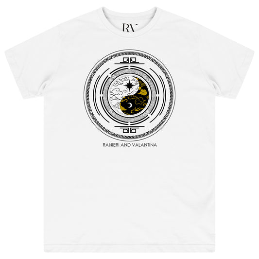 White Yin Yang T-Shirt with bold black Yin Yang graphic centered on the chest and crew neckline.