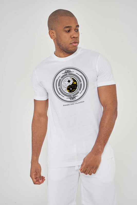 Man wearing oversized white Yin Yang T-Shirt styled with dark denim trousers, showcasing the front graphic and relaxed fit.