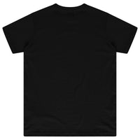 Laid-flat black T-shirt showing the plain back, round neckline, and short sleeves.