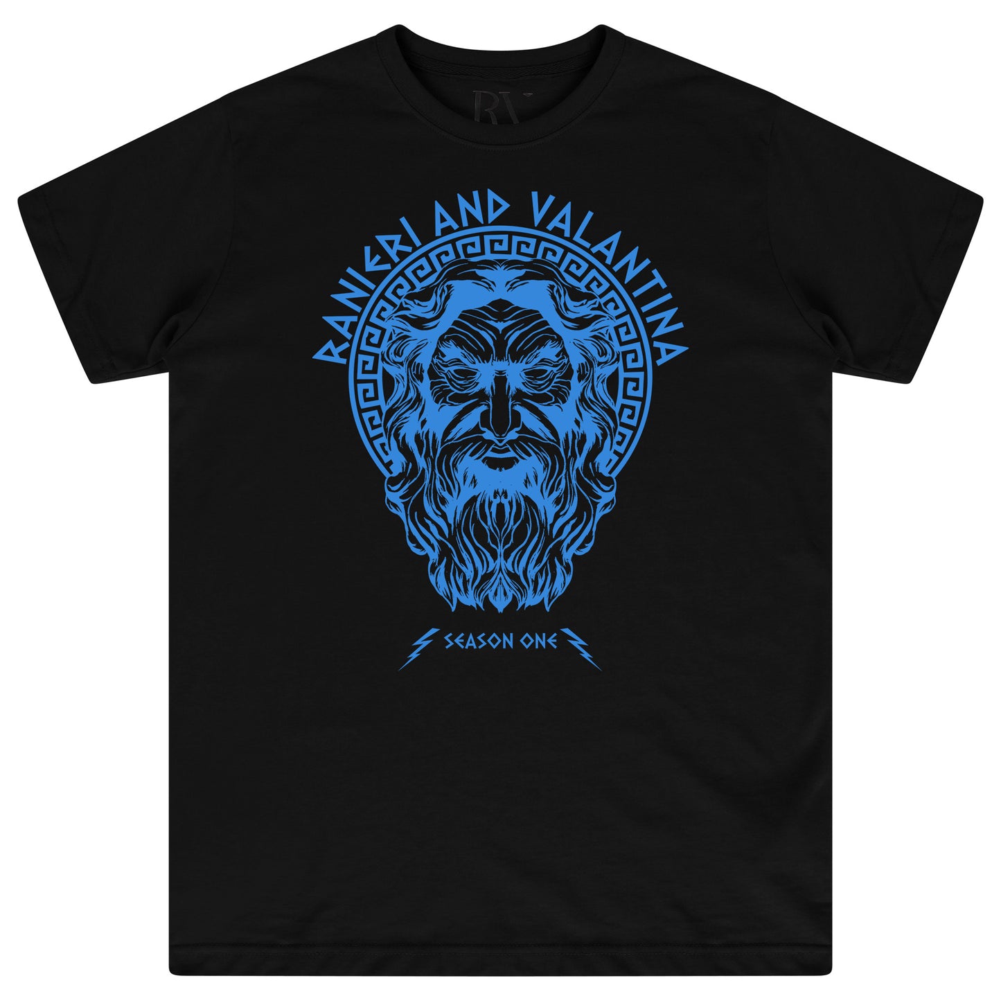 Black Zues Blue Print Graphic T-Shirt displaying bold white “Zues Blue” chest graphic and crew neckline.