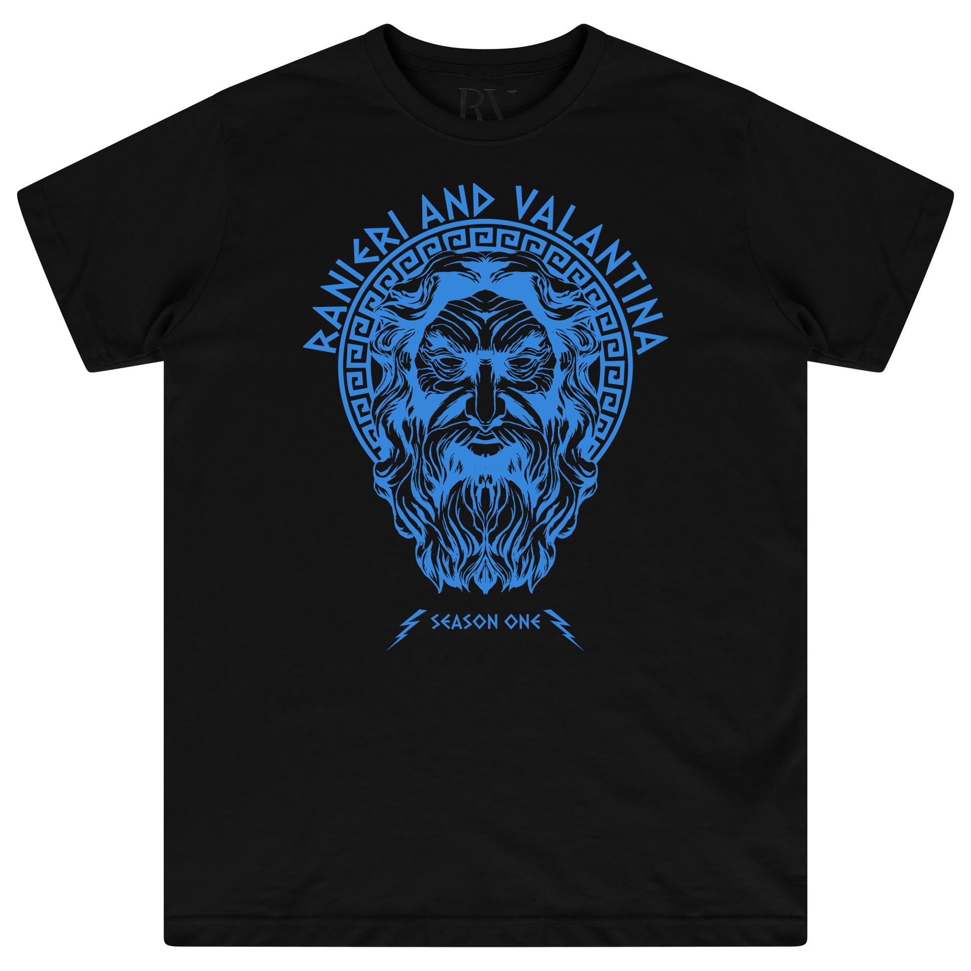 Black Zues Blue Print Graphic T-Shirt displaying bold white “Zues Blue” chest graphic and crew neckline.