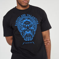 Man wearing black Zues Blue Print Graphic T-Shirt styled casually with dark denim, showcasing the front graphic and relaxed fit.