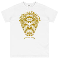 White Zues Yellow Print Graphic T-Shirt with bold yellow “Zues” graphic and crew neckline.