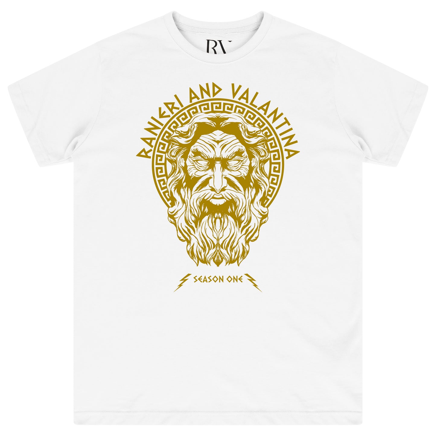 White Zues Yellow Print Graphic T-Shirt with bold yellow “Zues” graphic and crew neckline.
