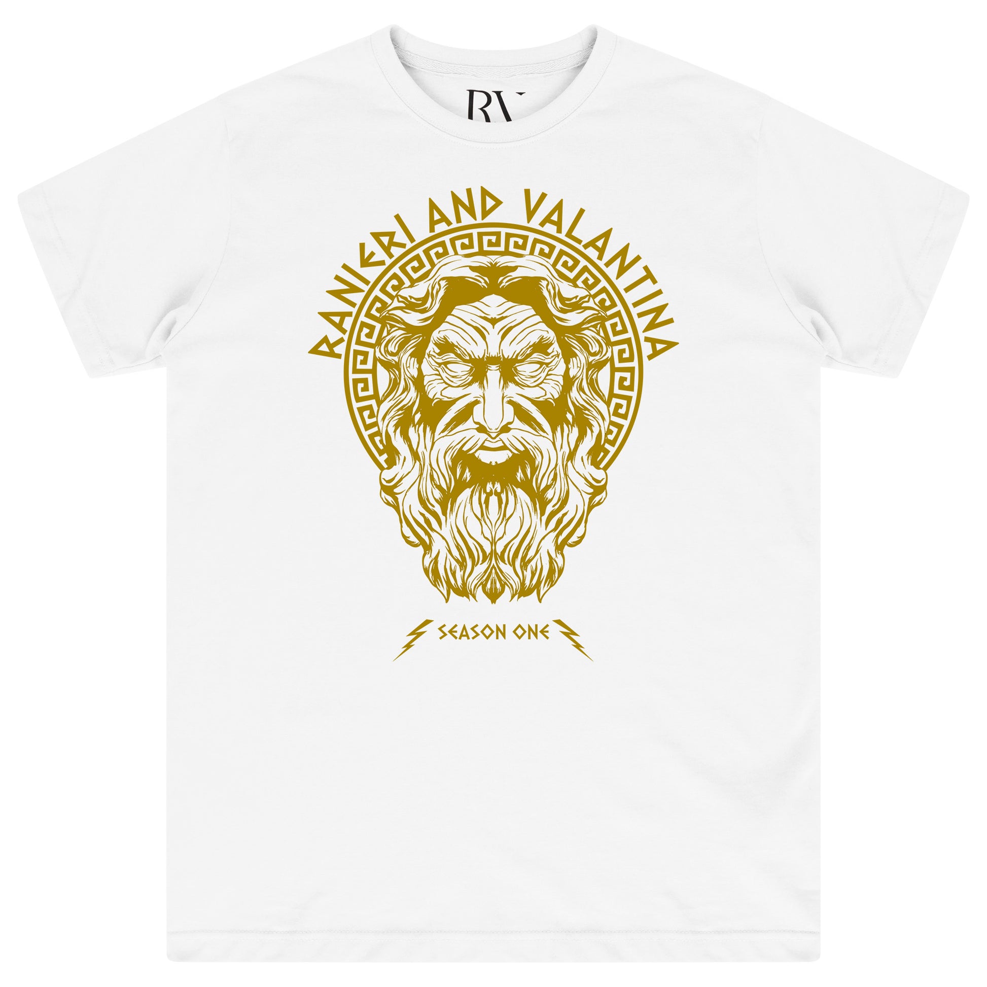 White Zues Yellow Print Graphic T-Shirt with bold yellow “Zues” graphic and crew neckline.